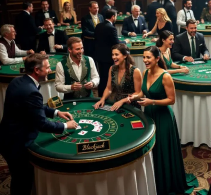Goście bawiący się przy stołach do pokera i ruletki w eleganckiej sali