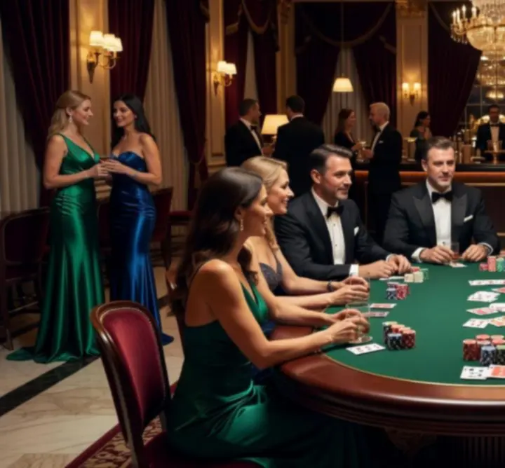 Elegancki wieczór pokerowy z profesjonalnymi stołami i gośćmi