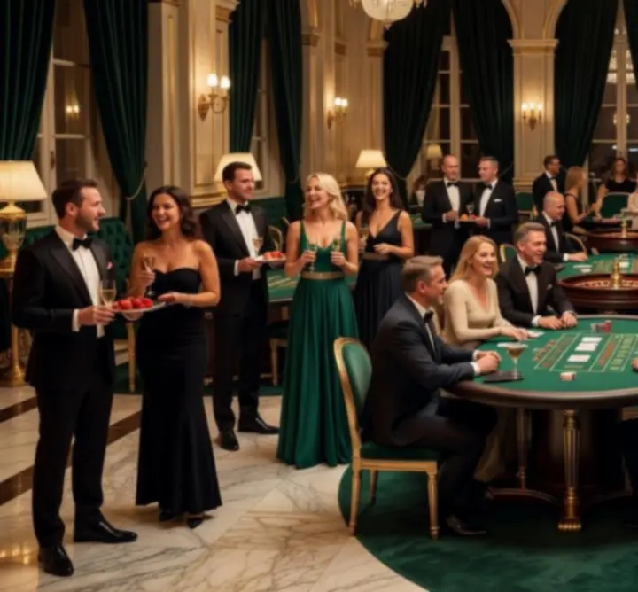 Imersyjna scenografia eventowa z eleganckimi stołami i światłami