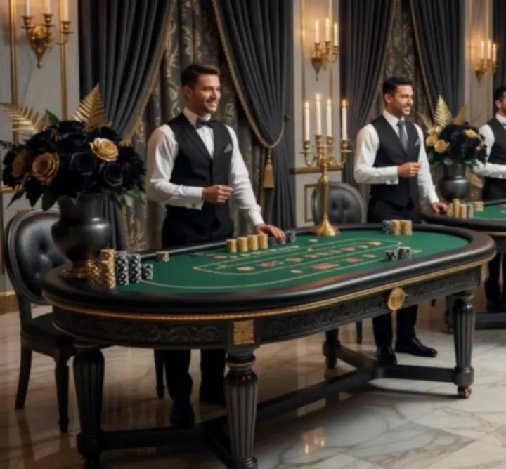 Układ sali eventowej z eleganckimi stołami do gier i oświetleniem