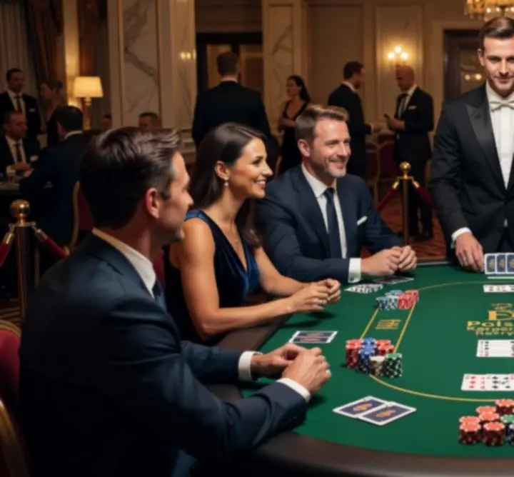 Mobilny wieczór pokerowy z eleganckim stołem i graczami