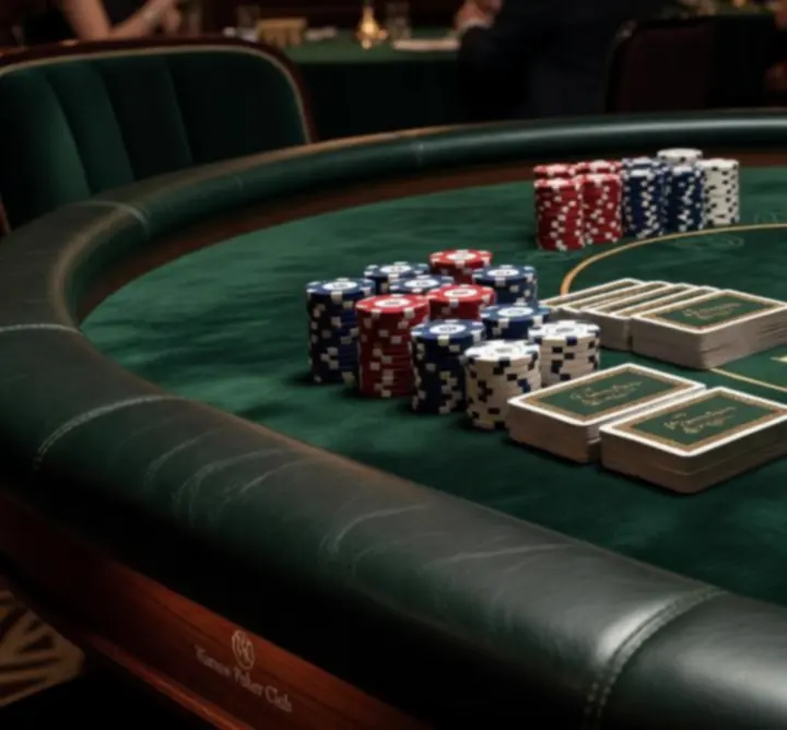 Profesjonalny stół pokerowy z eleganckimi żetonami i oświetleniem