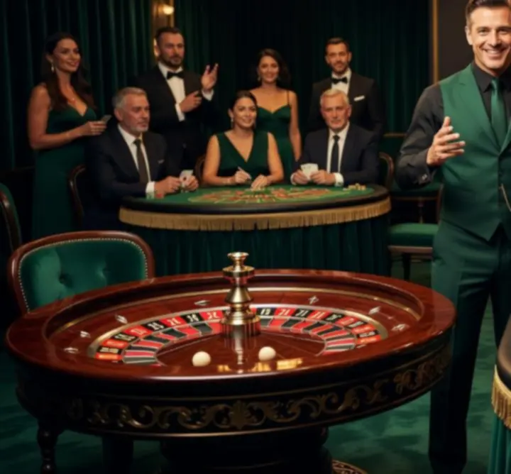 Strefa eventowa z eleganckimi stołami ruletki i blackjacka